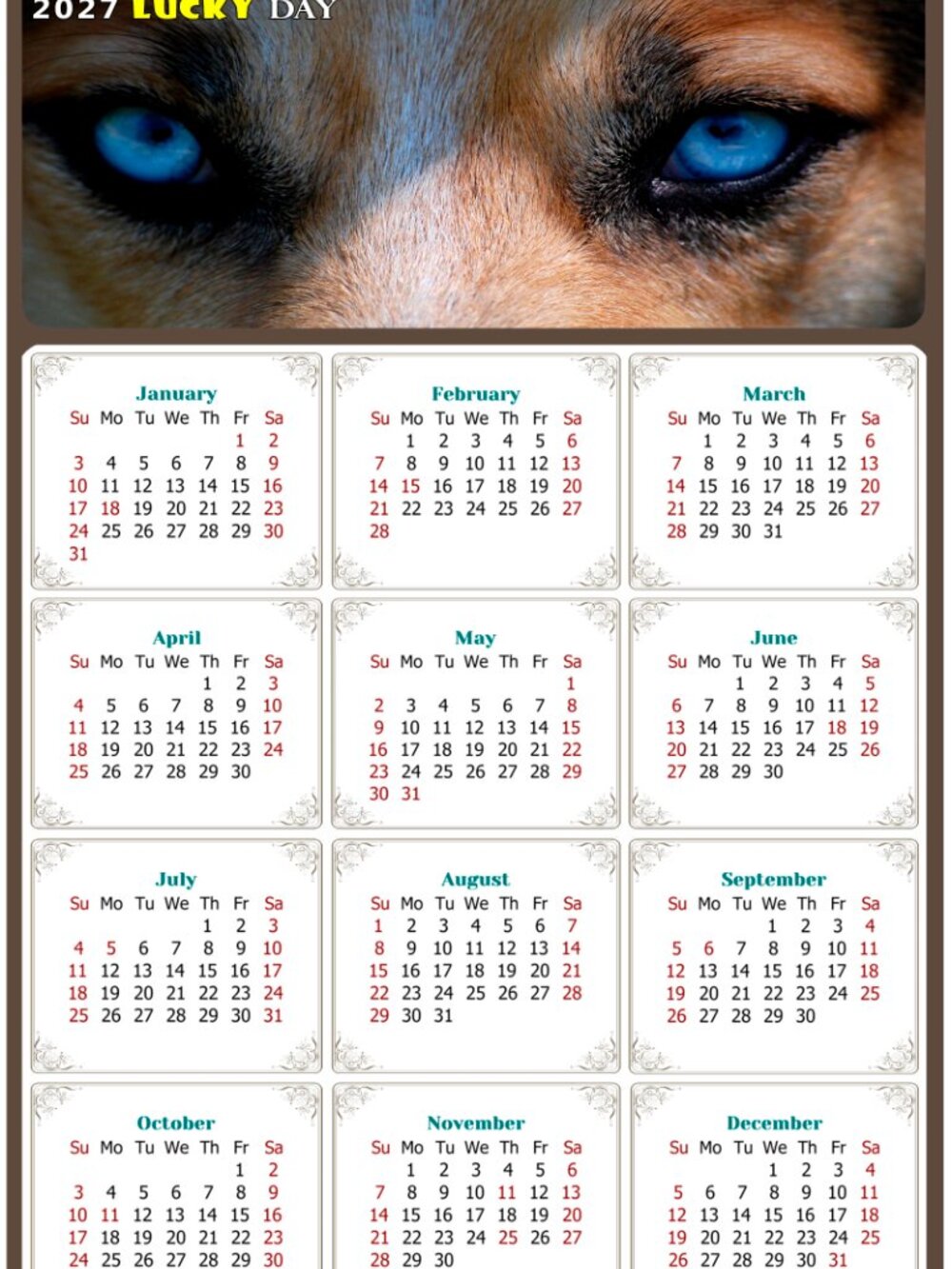 2027 Magnetic Calendar - Today is my Lucky Day - Dogs Themed 03 (7 x 10.5)